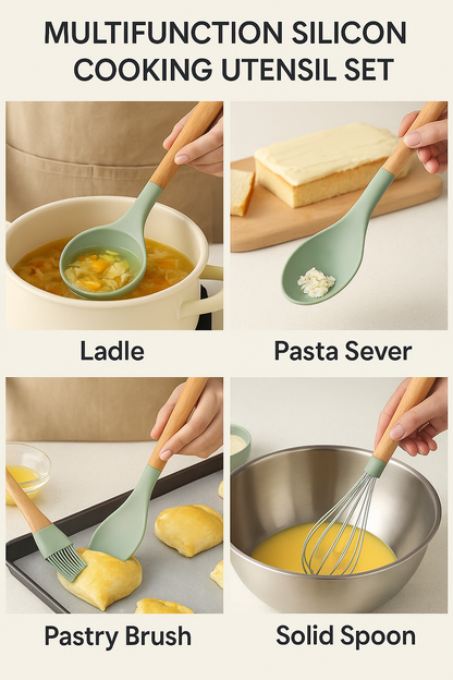 MaxLife Silicone Cooking Utensil Set with Holder, 12-Piece – Sage Green, Wooden Handles – Heat Resistant, Nonstick Safe Spatulas, Spoons, Turner, Tongs & Whisk – Premium Kitchen Tool Set