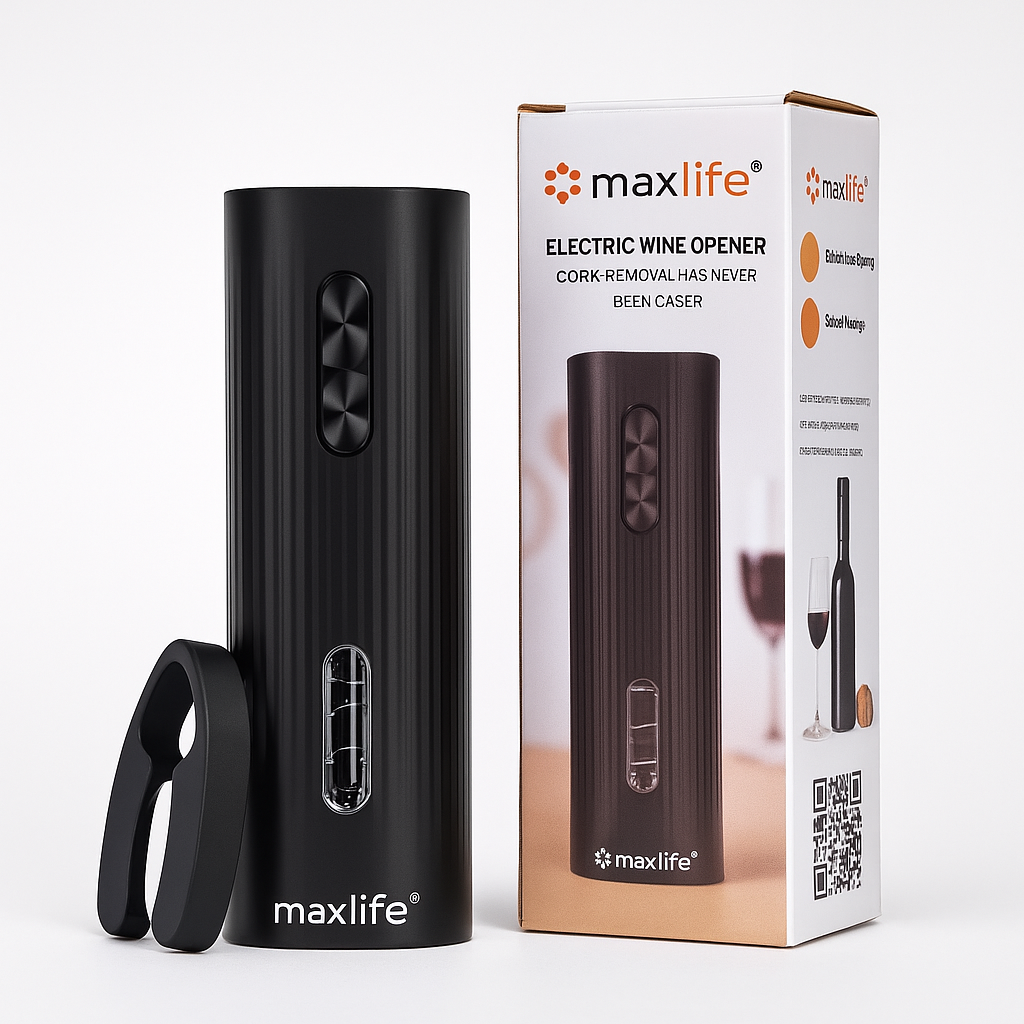 Max Life Electric Wine Opener - Stainless Steel Battery-Operated Wine Bottle Opener with Vacuum Wine Saver Pump, Drip-Free Pourer, and Foil Cutter