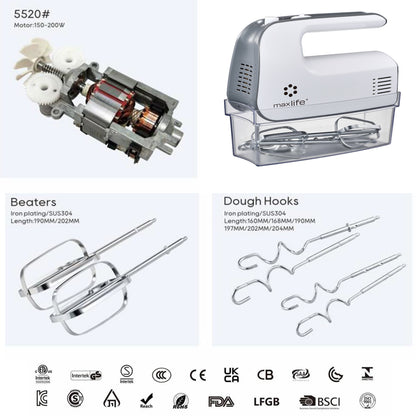 Max Life Electric Hand Mixer, 5 Speed, White, With Snap-On Storage Case