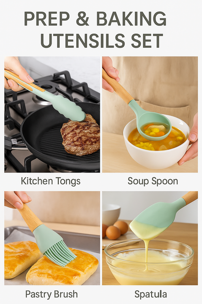 MaxLife Silicone Cooking Utensil Set with Holder, 12-Piece – Sage Green, Wooden Handles – Heat Resistant, Nonstick Safe Spatulas, Spoons, Turner, Tongs & Whisk – Premium Kitchen Tool Set