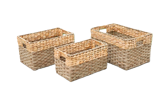 Eden Grace - Set of 3 Rectangular Water Hyacinth Mix Seagrass Baskets with Iron Frame and Hole Handles - Rice Nut Weave, Natural Color