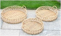 Eden Grace - Set of 3 Round Hand Woven Trays with Iron Frame and Ear Handles - Faux Paper Twisted Weave, Natural Mix White Color