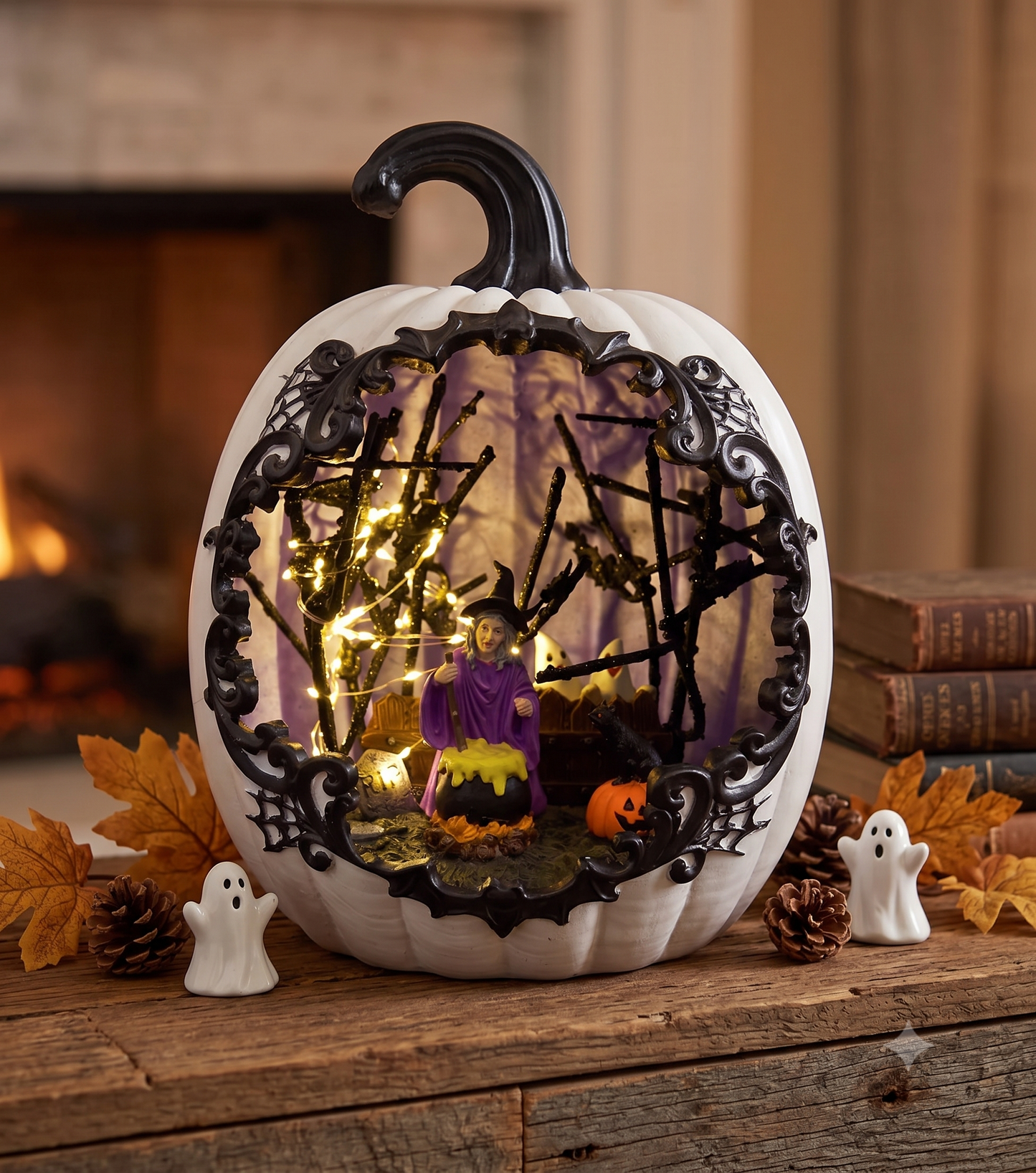 A lighted white resin pumpkin decoration glowing warmly on a rustic wooden living room mantel alongside autumn leaves and small ghost figurines