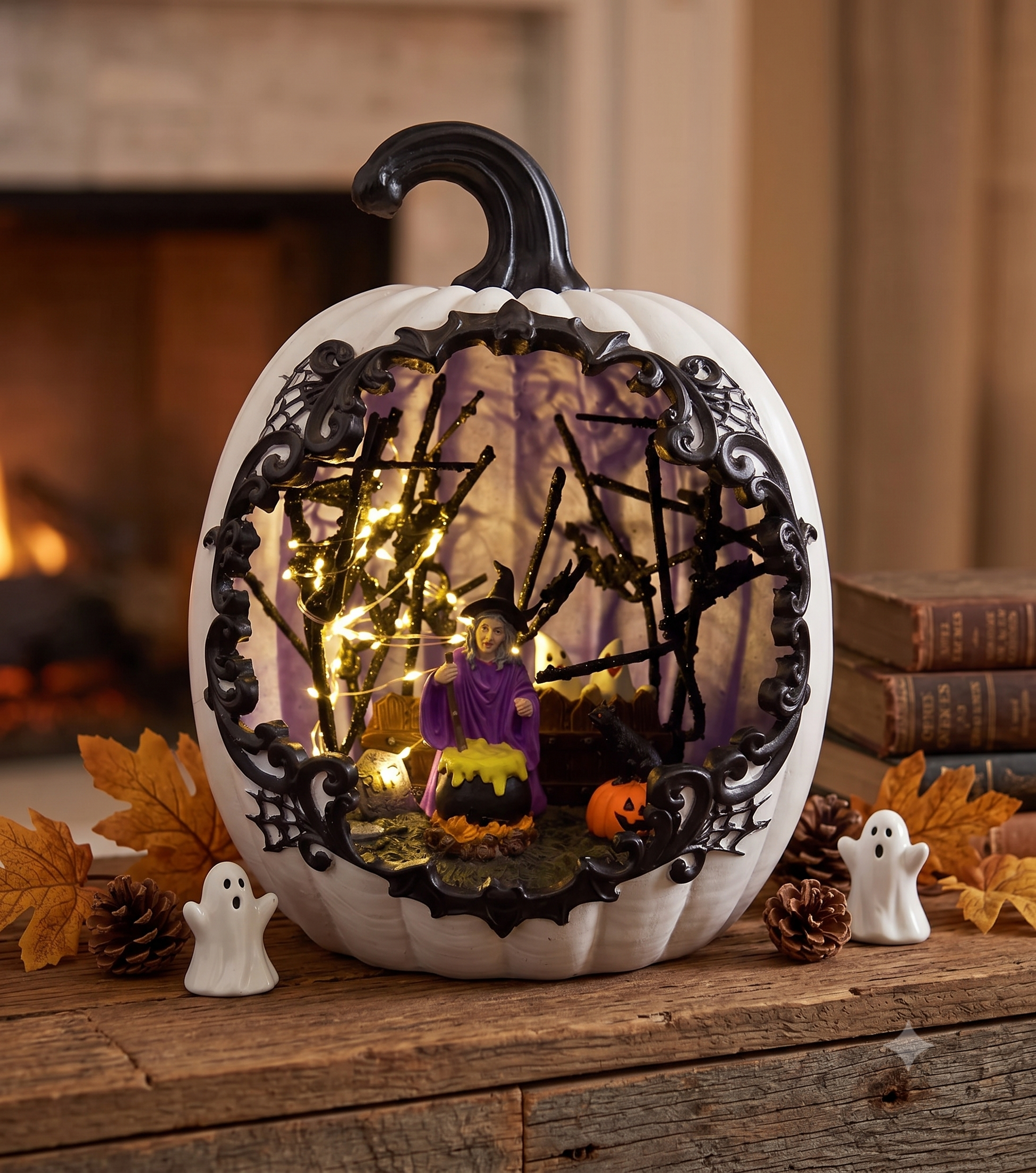 A lighted white resin pumpkin decoration glowing warmly on a rustic wooden living room mantel alongside autumn leaves and small ghost figurines