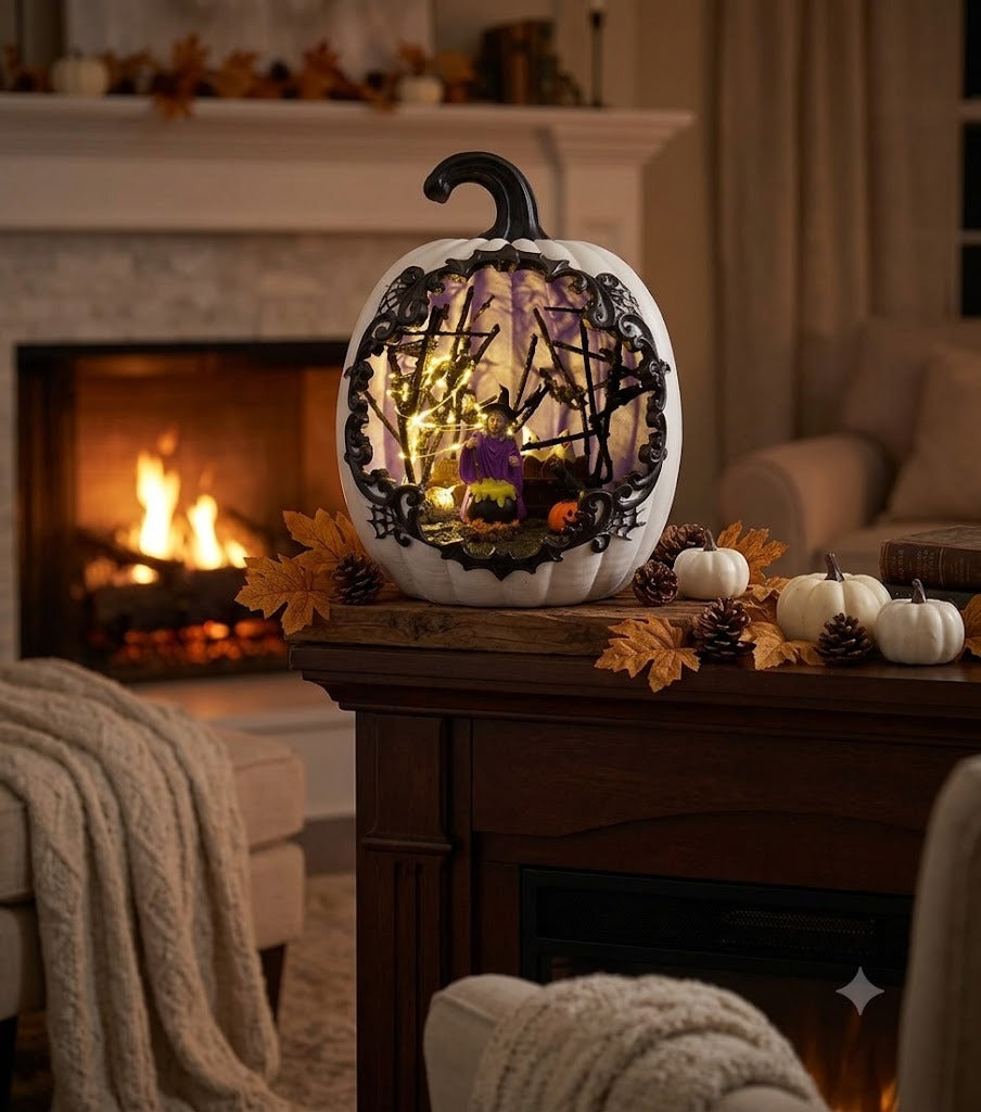 A spooky and enchanting nighttime display of the lighted white pumpkin casting a magical warm glow in a dimly lit room for Halloween atmosphere