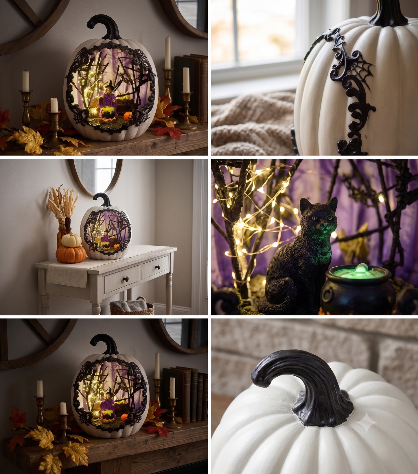 A multi-photo collage showcasing a lighted white resin pumpkin decoration styled on a fireplace mantel and entryway table, alongside macro close-up details of the internal witch scene, black cat figurine, and exterior texture.