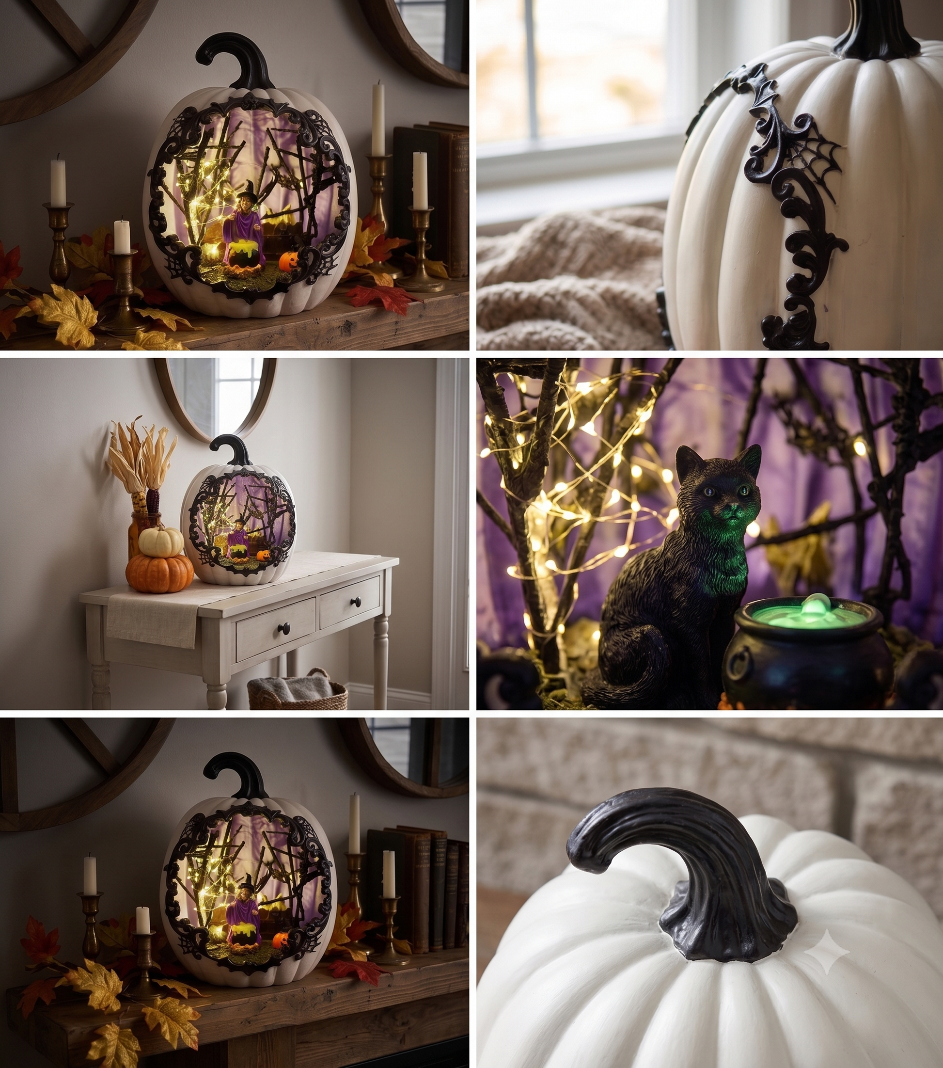 A multi-photo collage showcasing a lighted white resin pumpkin decoration styled on a fireplace mantel and entryway table, alongside macro close-up details of the internal witch scene, black cat figurine, and exterior texture.
