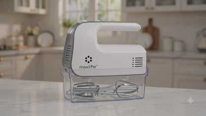 Max Life Electric Hand Mixer, 5 Speed, White, With Snap-On Storage Case