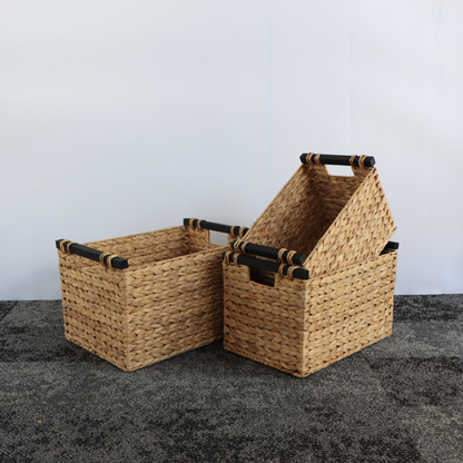 Eden Grace Set of 3 Hand Woven Wicker Baskets with Black Wooden Handles and Arrow Weave - Rectangular